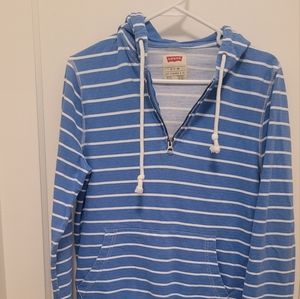 Levis Hoodie in color blue with orizontal white straps, size Large for women's.